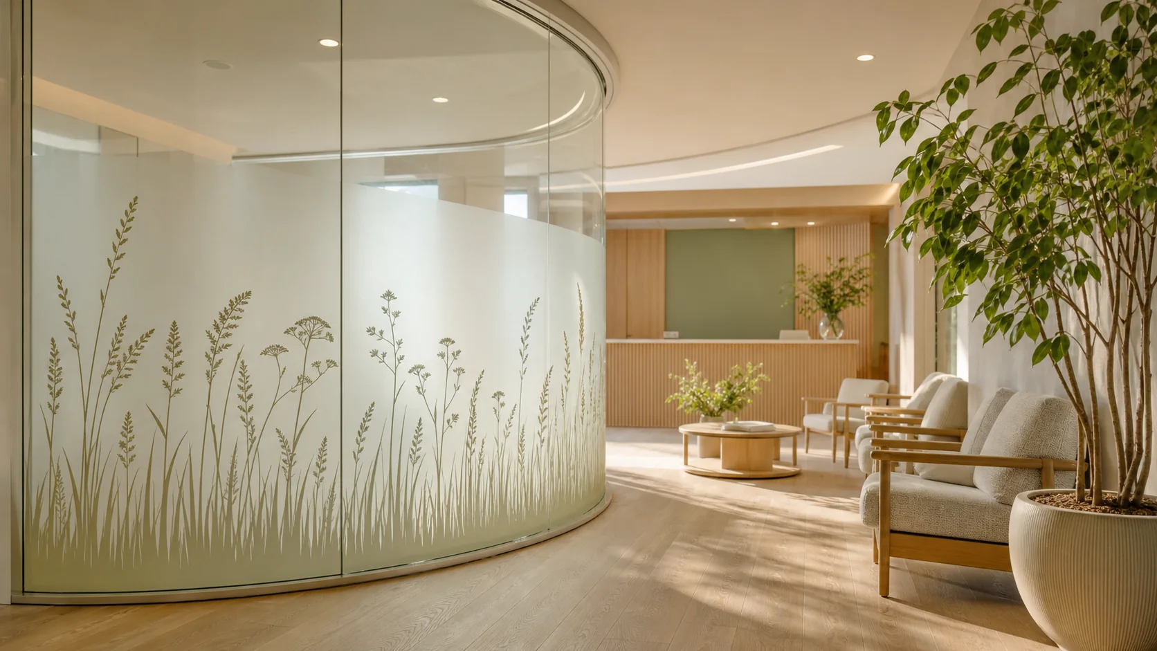 Botanisches Motiv auf gebogener Glasfläche